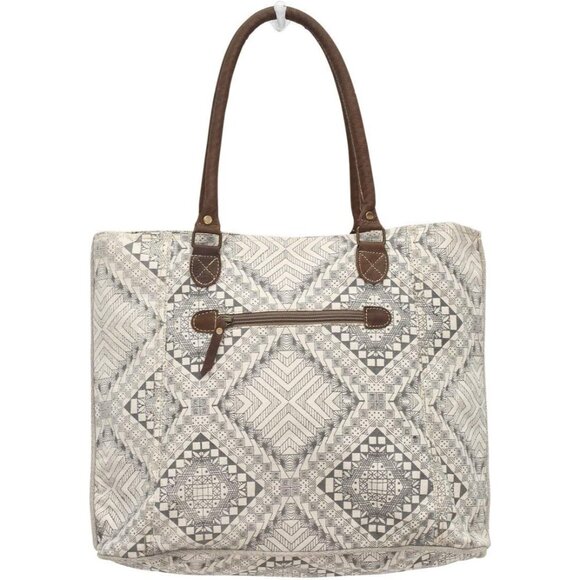 Myra Women's Artisan Upcycled Leather Canvas Tote Bag Beige Stylish Versatile Du - Picture 2 of 5